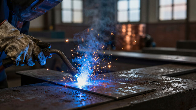 A skilled worker wearing a welding helmet and gloves uses a torch to join metal pieces, creating bright sparks and smoke in an industrial setting.