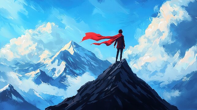 Heroic anime protagonist overlooking majestic mountain range adventure scene bold landscape inspirational perspective