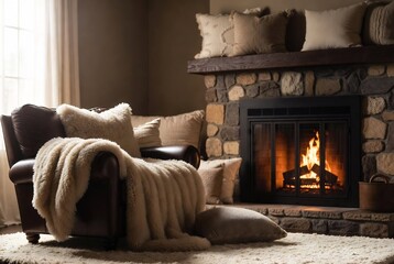 Naklejka premium A cozy living room scene with a fireplace, armchair, and pillows. It suggests relaxation and warmth.