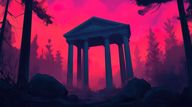 Eerie whispers at a cursed shrine in a dense forest dark fantasy illustration mysterious landscape