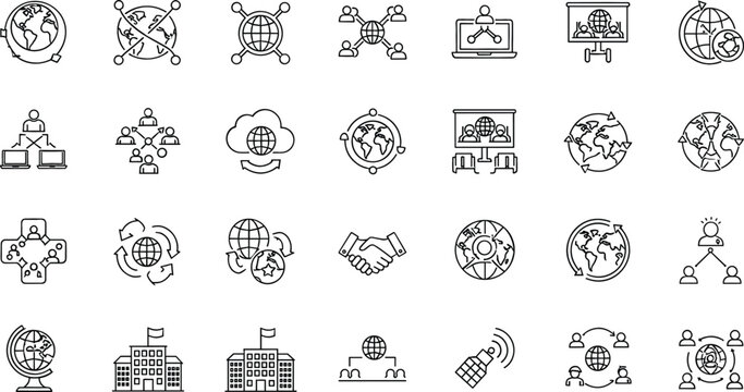 Global business and international communication line icon set featuring world maps, partnerships, networking, digital connections and worldwide collaboration concepts