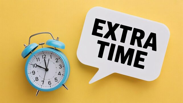 Blue alarm clock with EXTRA TIME speech bubble on yellow background