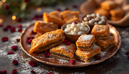 Fototapeta premium close-up of a golden hammered copper tray with artisan Maamoul and Baklava, rose petals scattered, warm bokeh background