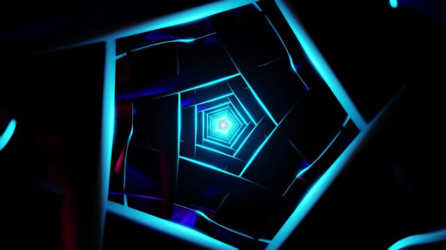 Cyan pentagon tunnel VJ loop with glossy ribbons and pulsing neon reflections
