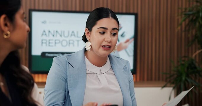Meeting, discussion and team with business woman in office for budget review, investment and advice. Annual treasury report, planning and portfolio feedback with employees in finance firm for audit