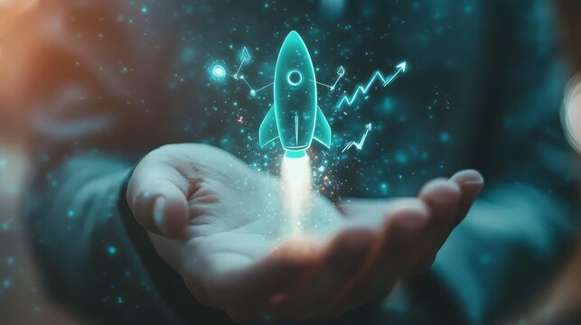Hand holding glowing rocket with trajectory lines symbolizing growth innovation and progress in business and technology