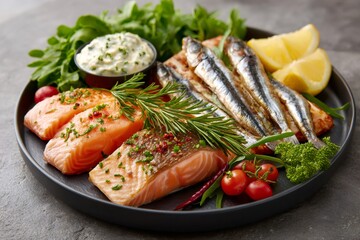 Fresh salmon fillets and sardines platter with herbs