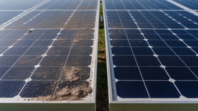 Solar panels in a field, one dirty and one clean