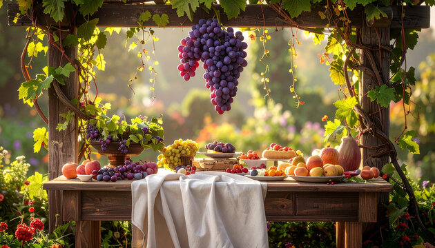 Abundant grape harvest displayed on a rustic wooden table in a sun-drenched vineyard garden