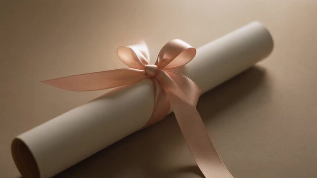 Close-up of a scroll tied with a pink ribbon