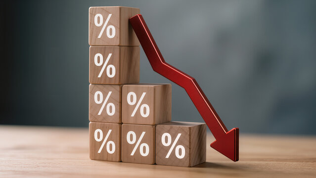 Stock market interest rate decline concept with wooden blocks and red arrow showing economic recession or financial inflation recovery trend for banking business investment growth planning strategy.