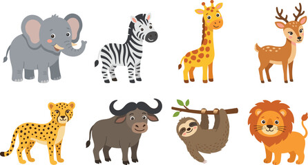 Fototapeta premium Set of Cute Cartoon Wild Animal Characters including Elephant, Lion, Giraffe, and Zebra for Children Education, Nursery Room Decor, Kids Book Illustrations, and Zoo Branding Designs