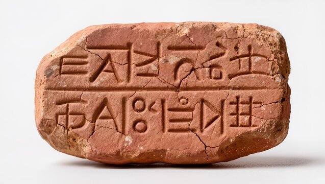 Ancient clay tablet with cuneiform writing isolated on white background