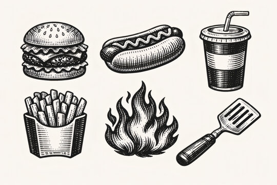 Vintage Engraving of Fast Food, Fire, and Spatula for Barbecue Cookout