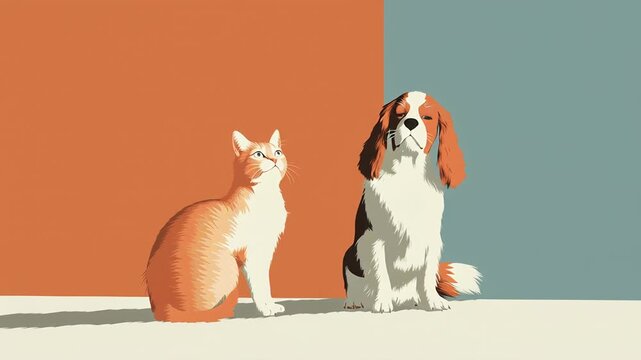 Minimal modern scene with an Oriental Cat and Cavalier King Charles Spaniel Dog, Cute cat and dog sit side by side. Warm orange wall contrasts cool blue background. Both animals look forward calmly. 