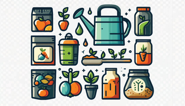 Flat Vector Illustration of Organic Gardening Supplies, Tools, Fertilizers, and Seeds Icon Collection for Sustainable Farming and Plant Care