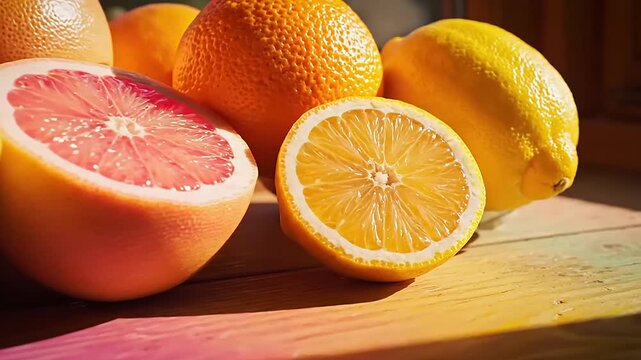A vibrant assortment of fresh citrus fruits including oranges, grapefruit, and lemons rests on a sunlit wooden surface
