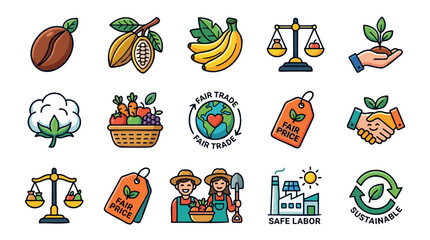 Fototapeta premium Fair Trade Icons Set: Coffee, Cocoa, Bananas, Cotton, Farmers, Scales, Handshake. Ethical Sourcing, Sustainable Agriculture, Safe Labor. Flat Outline Vector, Vibrant. Isolated Elements.