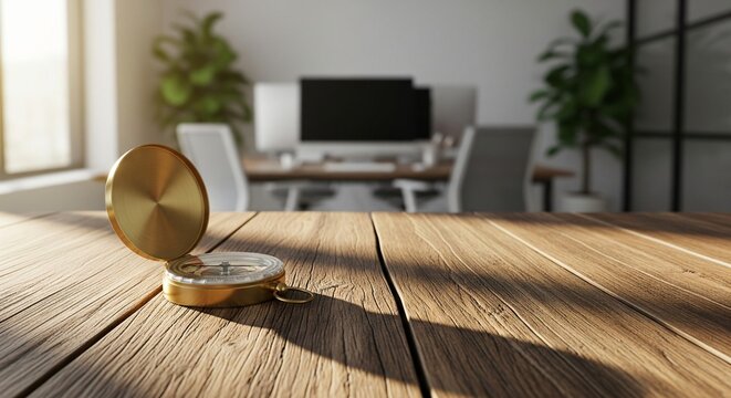 Golden compass on wooden desk with blurred office background and plants