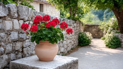 Fototapeta premium Red geraniums in terracotta pot by stone wall