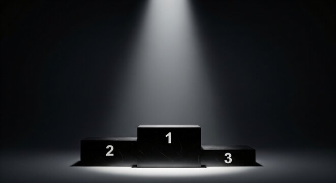 A dark podium with numbered tiers 1 2 and 3 illuminated by a spotlight