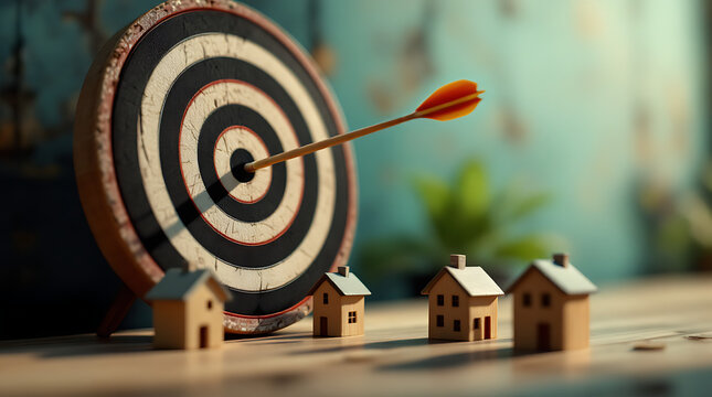 An arrow hitting the bullseye of a target board with miniature house models in the foreground, symbolizing real estate goals.