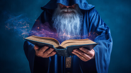 sorcerer casting magic spell using his book of shadows