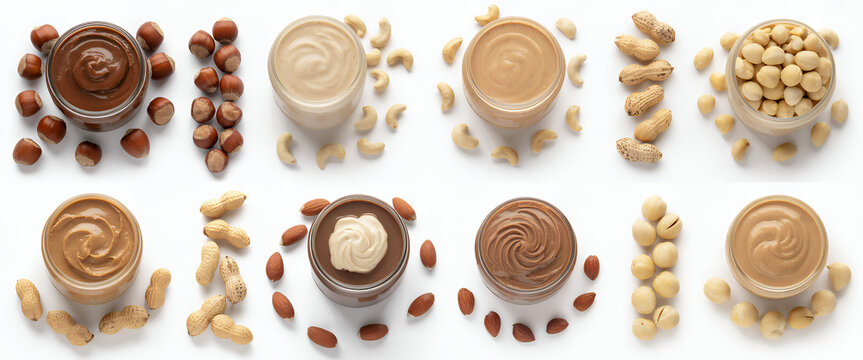 Different nut butters and nuts arranged on white background jars hazelnuts
