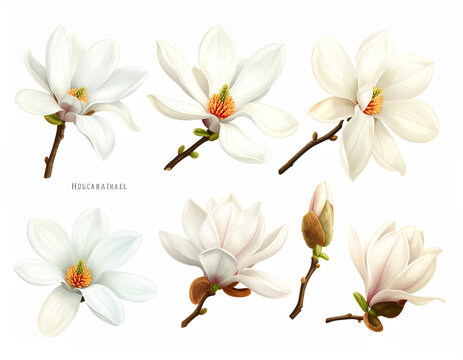 Set of realistic white magnolia flowers and buds on branches with green leaves and brown stems against a white