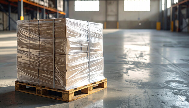 Stacked cardboard boxes tightly wrapped in clear plastic and secured with white straps on a wooden pallet in a large