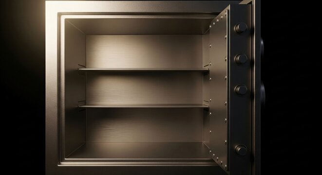 Empty metallic safe with shelves and open door dark background Vault Steel