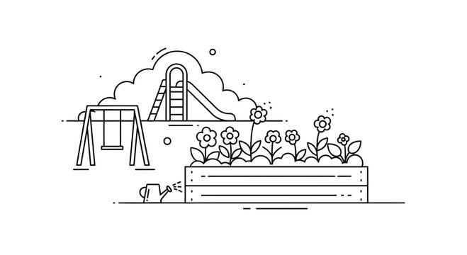 Playground and Garden Illustration: Swing Set, Slide, Watering Can, and Flower Bed
