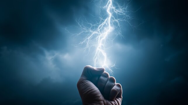Hand grasps lightning bolt in stormy sky signifying power and energy of ancient gods