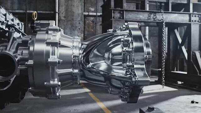 Polished automotive transmission component suspended in a gritty industrial manufacturing facility, showcasing intricate engineering and precision craftsmanship.