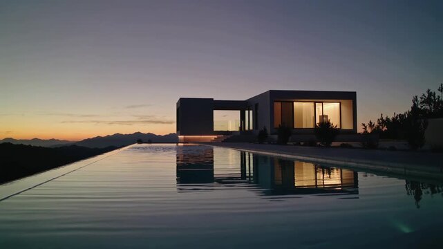 A serene image of a contemporary house at twilight, ideal for showcasing luxury real estate or promoting relaxation and upscale lifestyle concepts. Th