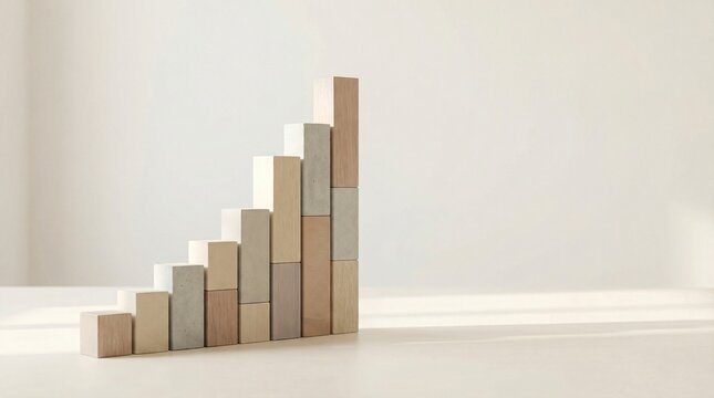Stacked wooden and concrete blocks ascend in a stair like formation against a light background