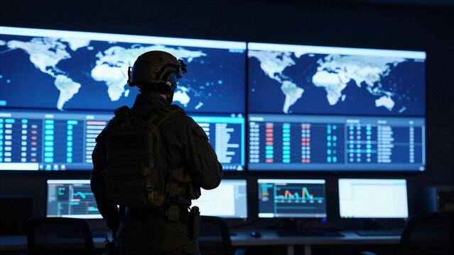 Military personnel in tactical gear views world map displays and data analytics on large screens in a dark command center.