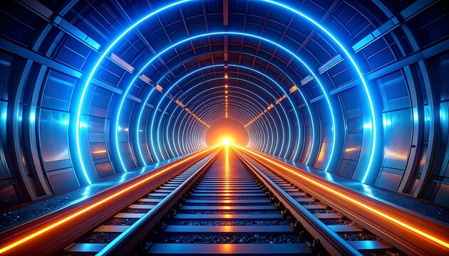 A futuristic train tunnel with glowing blue lights