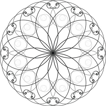Intricate geometric mandala pattern featuring repeating circular and swirling designs creating a complex symmetrical florallike abstract composition with bold black lines against a white background