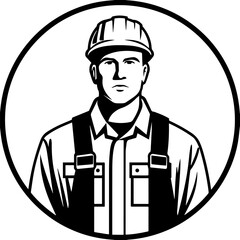 Obraz premium Hand Drawn Male Mine Worker Black and White Avatar Illustration in Minimal Line Art Style Design