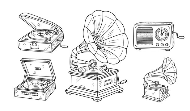 Retro gramophone doodle sketch vintage phonograph vector