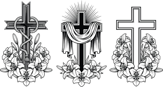 Christian cross with lilies and draped cloth illustration set, religious faith symbol floral decoration church design flat vector illustration