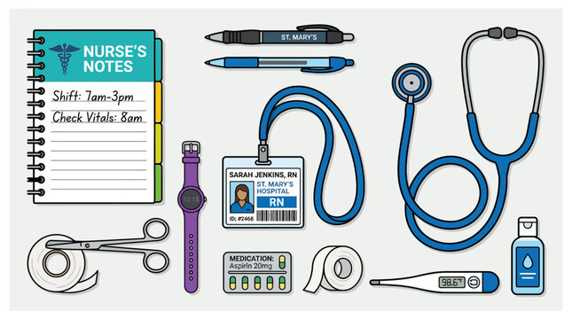 A collection of essential nursing and medical supplies including a stethoscope, ID badge, notebook, pens, thermometer, and other healthcare tools.