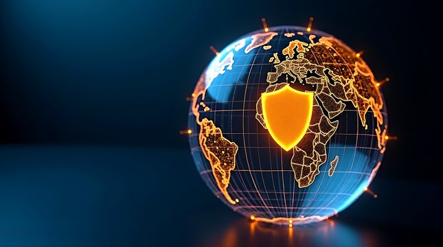 Digital globe protected by a glowing orange shield symbolizing global cybersecurity and network security