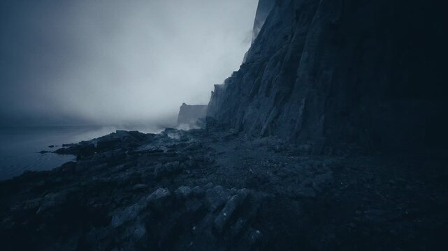 fogbound cliffside with rocky shore, pebbled beach leading to steep vertical face under soft mist distant headland silhouette and low horizon, wet stones