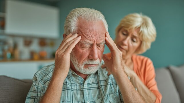 Senior Man suffering from Headache and Stress while Wife comforts him at Home, Elderly Couple dealing with Health Issues and Pain in Living Room setting
