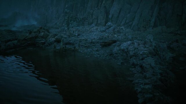 reflective tidal pool beneath basalt cliff at night, slow camera glide over mirror water, subtle ripples and algae, tidal textures and ambient blue tones,
