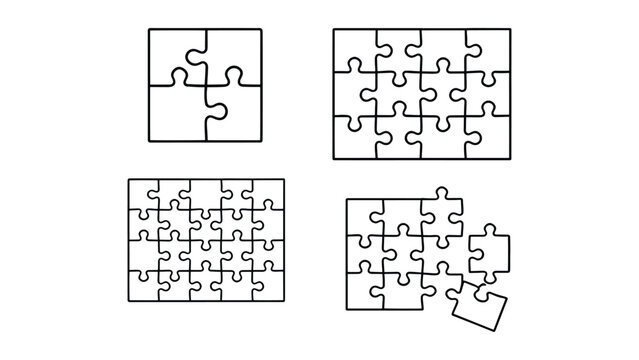 Puzzle Pieces Icon Set &ndash; Problem Solving and Connection Line Art Illustration