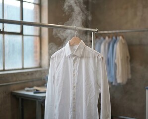White dress shirt hanging on rail with steam rising in a professional laundry and garment care service setting, clean domestic apparel advertising background