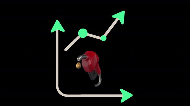 Fuel price inflation petrol cost animated icon with rising chart and nozzle drip. 8 second smooth animation with transparent background, ideal for oil price rise, energy costs, and economy visuals.